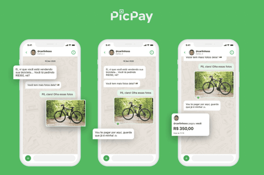 Três telas de celular mostrando como funciona a troca de mensagens no app PicPay
